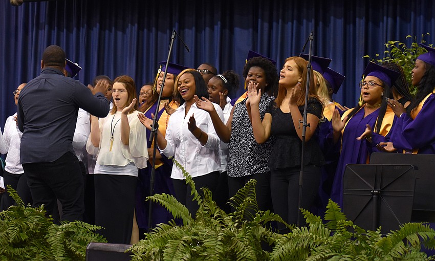 Members of the BHS Gospel Choir perform “Can’t Give Up Now” during the Booker High School Graduation on June 3 at Robarts Arena.