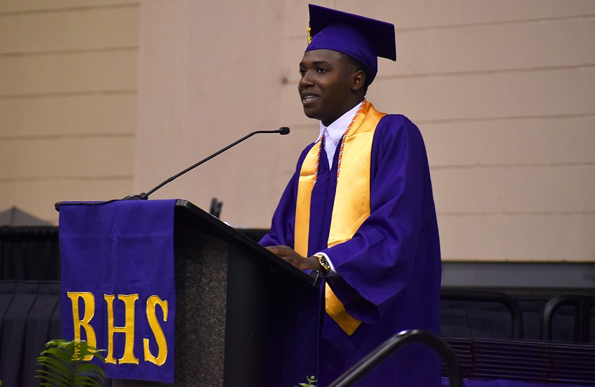 Daquone Tirene gives his speech during the Booker High School Graduation on June 3 at Robarts Arena.
