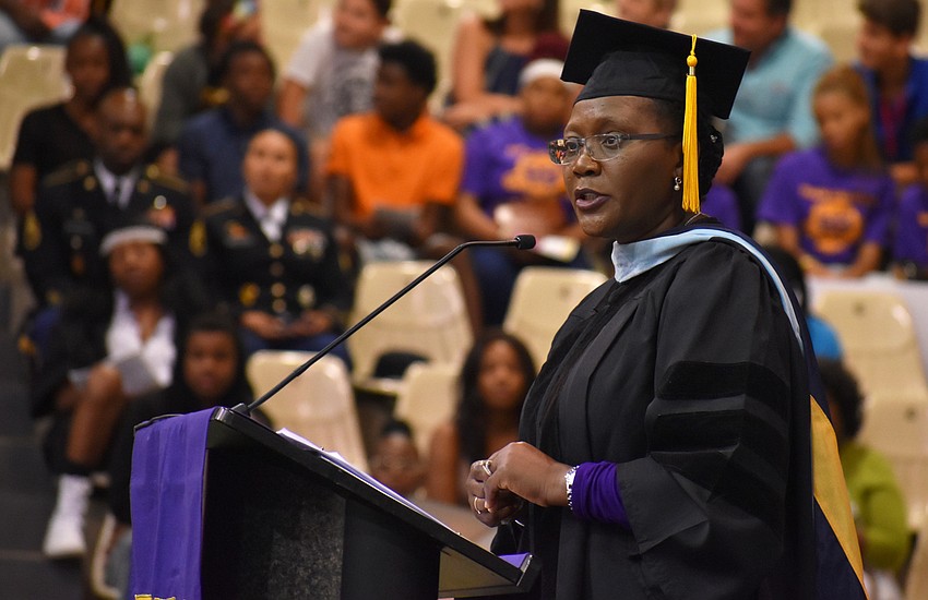 Principal Dr. Rachel Shelley introduces the class of 2017 during the Booker High School Graduation on June 3 at Robarts Arena.