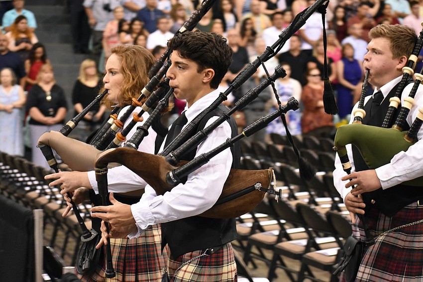 The RHS Kiltie Pipers perform during the Riverview High School Commencement Ceremony on June 3 at Robarts Arena.