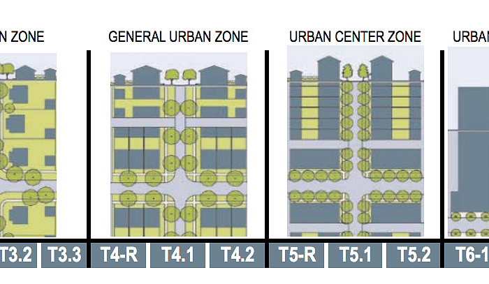 The new form-based zoning code would divide the city into a series of transects, transitioning from more suburban to more urban in character.