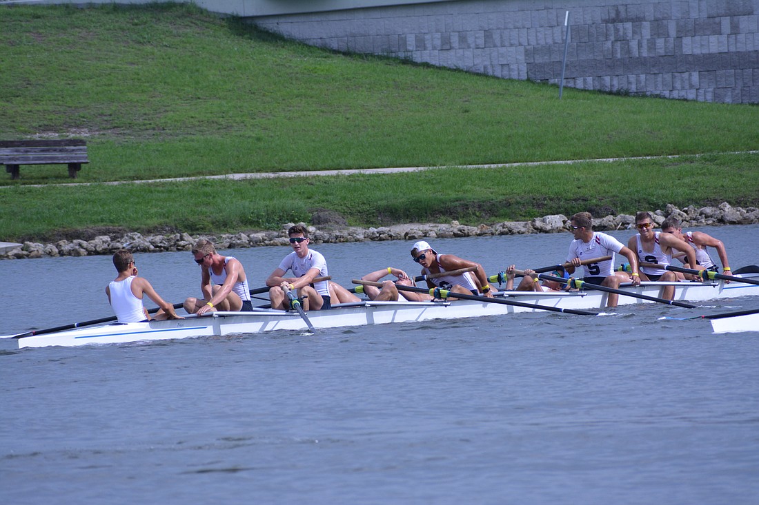 Sarasota Crew&#39;s men&#39;s youth 8A shell races at the 2017 Youth Rowing Championships at Nathan Benderson Park.