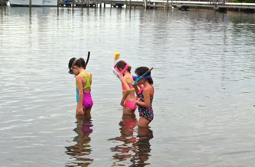 Ana Carlin, Nya Chambless and Stevie Schlossberg wade into the water of the New Pass Inlet on June 13.