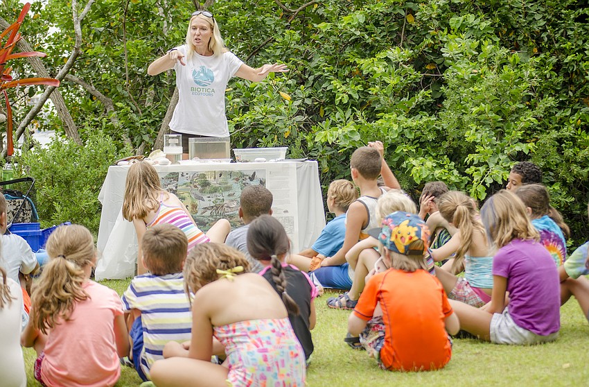 Kris Fehlberg of Biotica Ecotours gives a presentation before campers waded into Sarasota Bay to look for sea life.