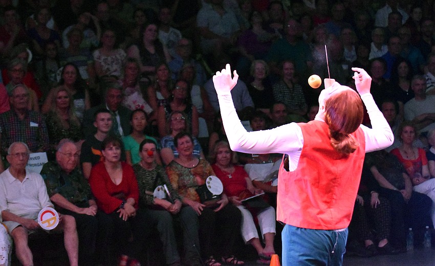 Bryce Griggs performs a clowning act.