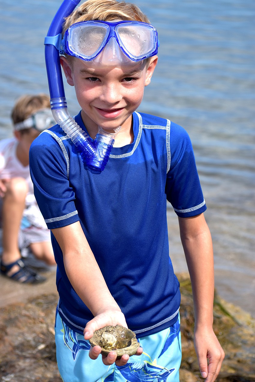 Cade Respess shows off the crab he found in New Pass Inlet.