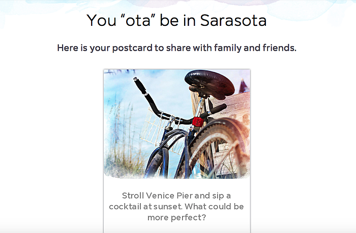 Visit Sarasota is encouraging residents to make digital postcards to share with family and friends, inviting them to the area.