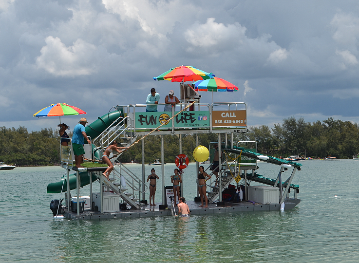Fun Life Entertainment&#39;s floating jungle gym anchored off the eastern shore of Greer Island.