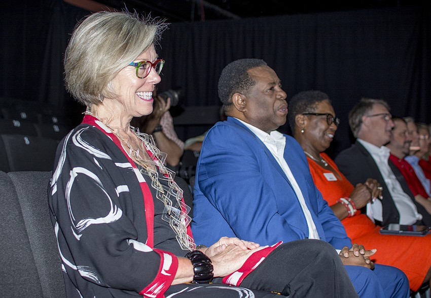 Community Foundation of Sarasota County President and CEO Roxie Jerde laughs during the ground breaking program.