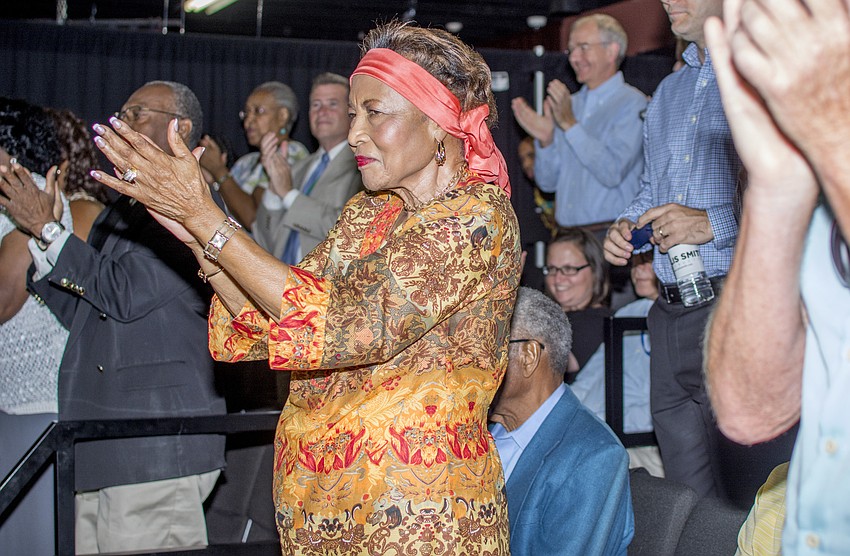 Audience members give Westcoast Black Theatre Troupe Founder and Artistic Director Nate Jacobs a standing ovation before he addressed theater donors and patrons.