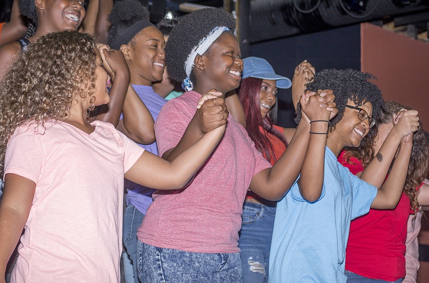 Alitash Tafesse, Sasha Ocean and Maicy Powell along with other Westcoast Black Theatre Troupe summer campers preform for WBTT donors and patrons.