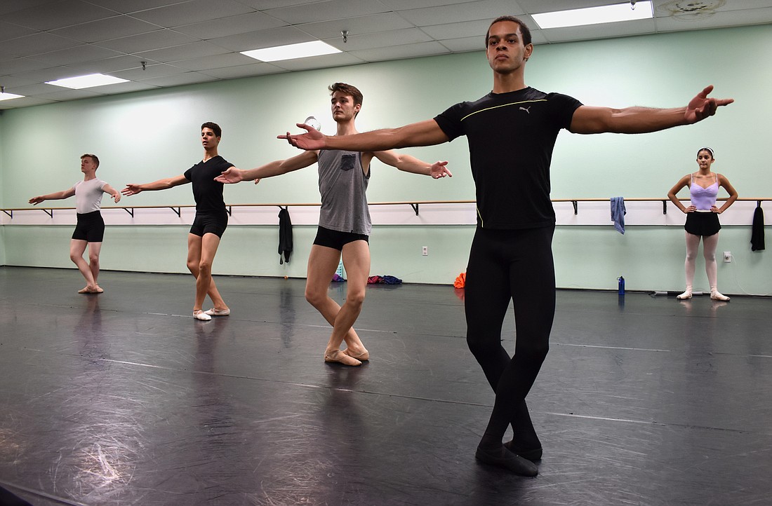 Taylor Phillips, Danny Lewis, Zach Bennett and Kendrick Rivera  rehearse a routine at the Sarasota Cuban Ballet School summer intensive on July 10 at the Sarasota Cuban Ballet School. Photo by Niki Kottmann