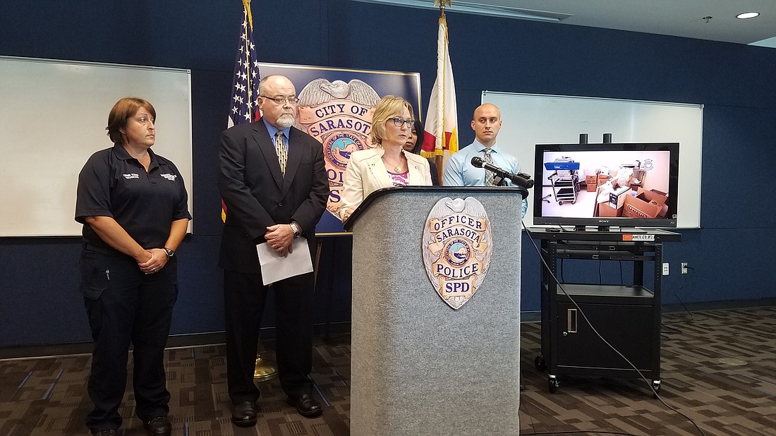 Officials from the Sarasota Police Department and Florida Department of Health speak at a press conference July 21 following the arrest of Ronald Wheeler.