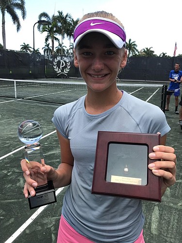 Ava Krug won the USTA Girls&#39; 12 Clay Court Championships doubles title with Tsehay Driscoll. Courtesy photo.