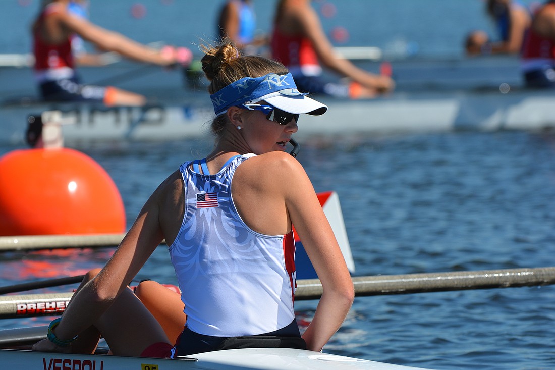 Sydney Edwards coxes for the Women&#39;s 8+ team at the 2016 World Rowing Junior Championships. Photo courtesy USRowing.