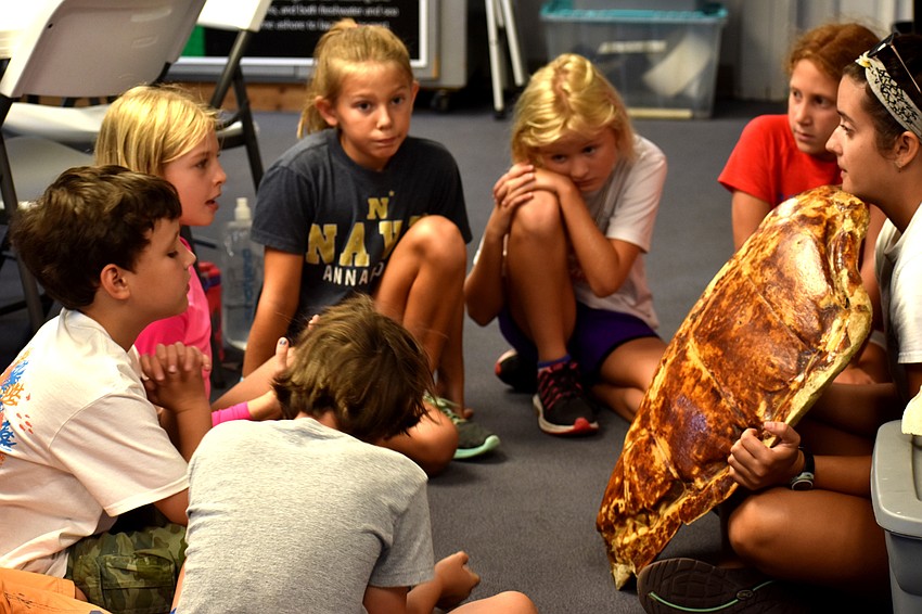Camp instructor Kiley Gray shows the campers a loggerhead turtle shell.
