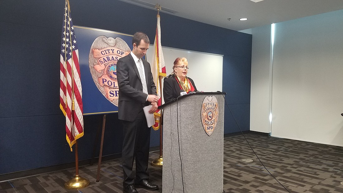 Sarasota Police Department detective Ross Revill and civilian investigator Melody Shimmell speak at a news conference Aug. 2 after Tiffani Donovan was charged with stealing from the Southside Elementary School PTO.
