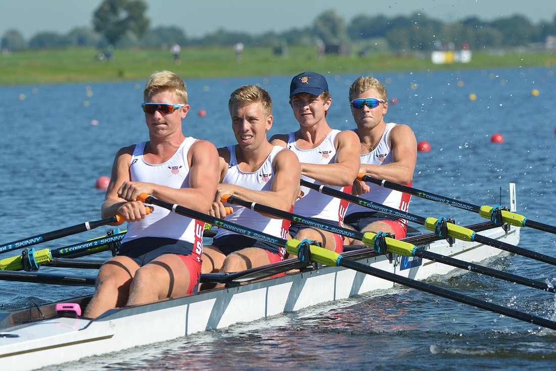 Clark Dean, Zack Skypeck, Andrew Leroux and David Orner row at the 2016 World Rowing Junior Championships. Photo courtesy USRowing.