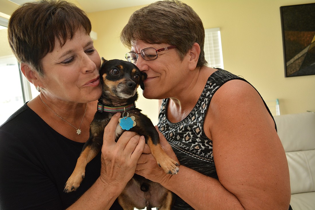 Sisters Donna Arnold and Sharry Lueck have no regrets that fostering Bullet has turned into a full-time family affair. They enjoy snuggling with him as much as he does.