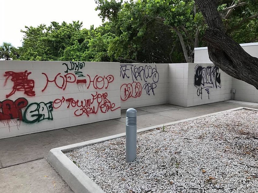 The graffiti spread over multiple sections of the structures making up the public beach. Photo courtesy Bob Brown.