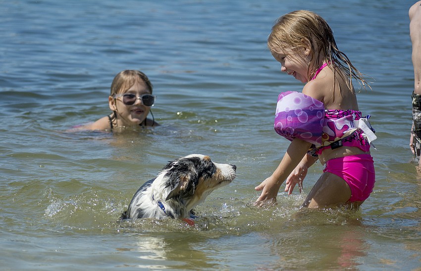 Kylie McCurry plays with Witten the dog during Engulfed Adventures Overlook Park cleanup.