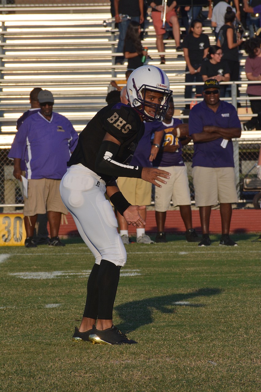 Booker's Jermaine Ziegler calls for pre-snap motion.