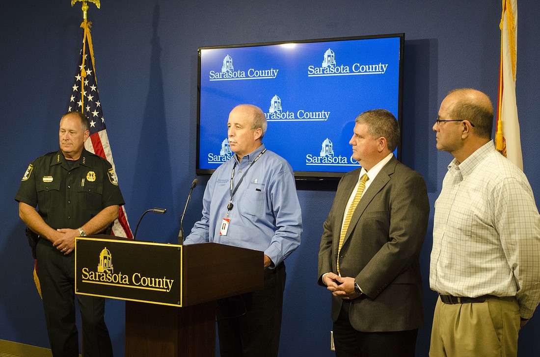Sarasota County Emergency Management Chief Ed McCrane briefs media daily on what residents can expect. On Wednesday, Sheriff Tom Knight, Superintendent Todd Bowden and County Administrator Tom Harmer joined him.
