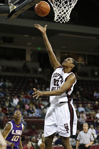 Melanie Johnson hits a layup for the University of South Carolina. Photo courtesy South Carolina Athletics.