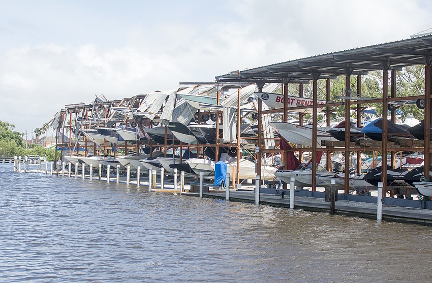 The roof of a high and dry storage unit at Siesta Key Marina was damaged by Hurricane Irma.