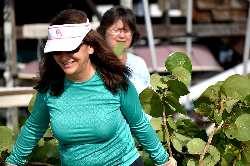 Linda Leader drags tree branches away from boats stored at the Sarasota Sailing Squadron.