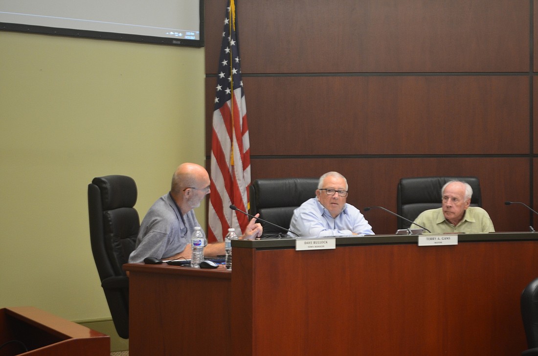 Longboat Town Manager Dave Bullock (left) speaks during a Town Commission meeting Sept. 15 with Mayor Terry Gans (center) and Vice-Mayor Ed Zunz.