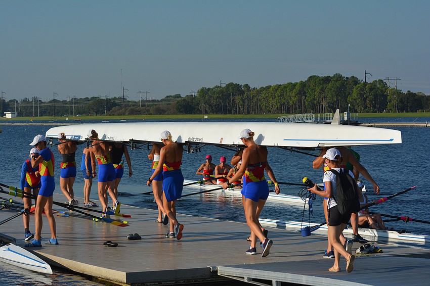 The Romanian Women's Four team is about to launch at Nathan Benderson Park.