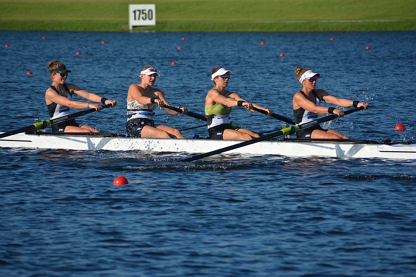 The New Zealand Women's Four heads back to the start line.