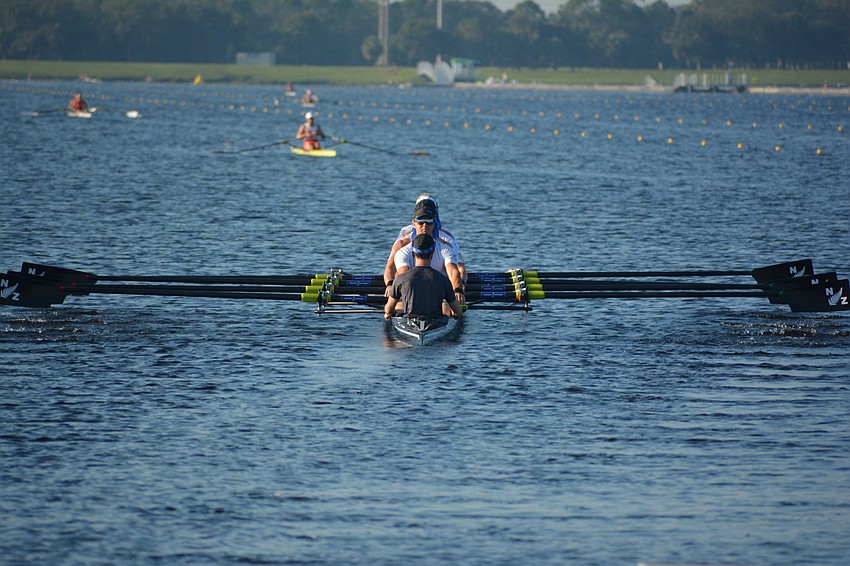 The New Zealand Men's Four begins a workout at Nathan Benderson Park.