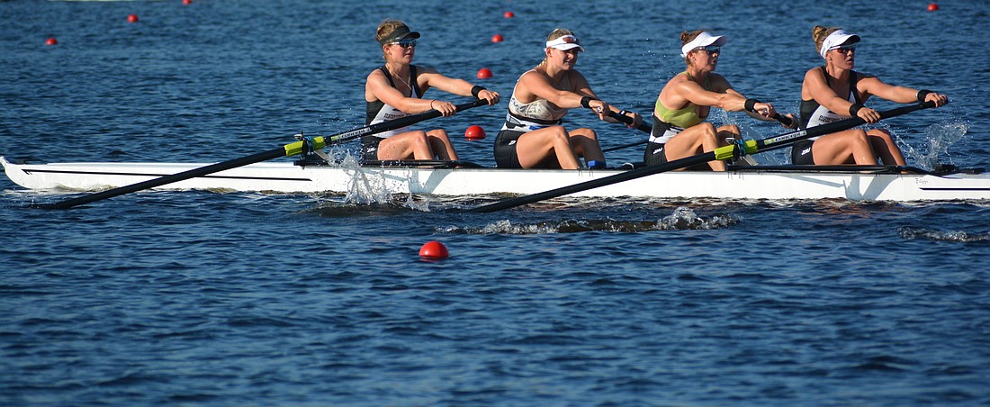 The New Zealand Women&#39;s Four team works out at Nathan Benderson Park in preparation for the 2017 World Rowing Championships.