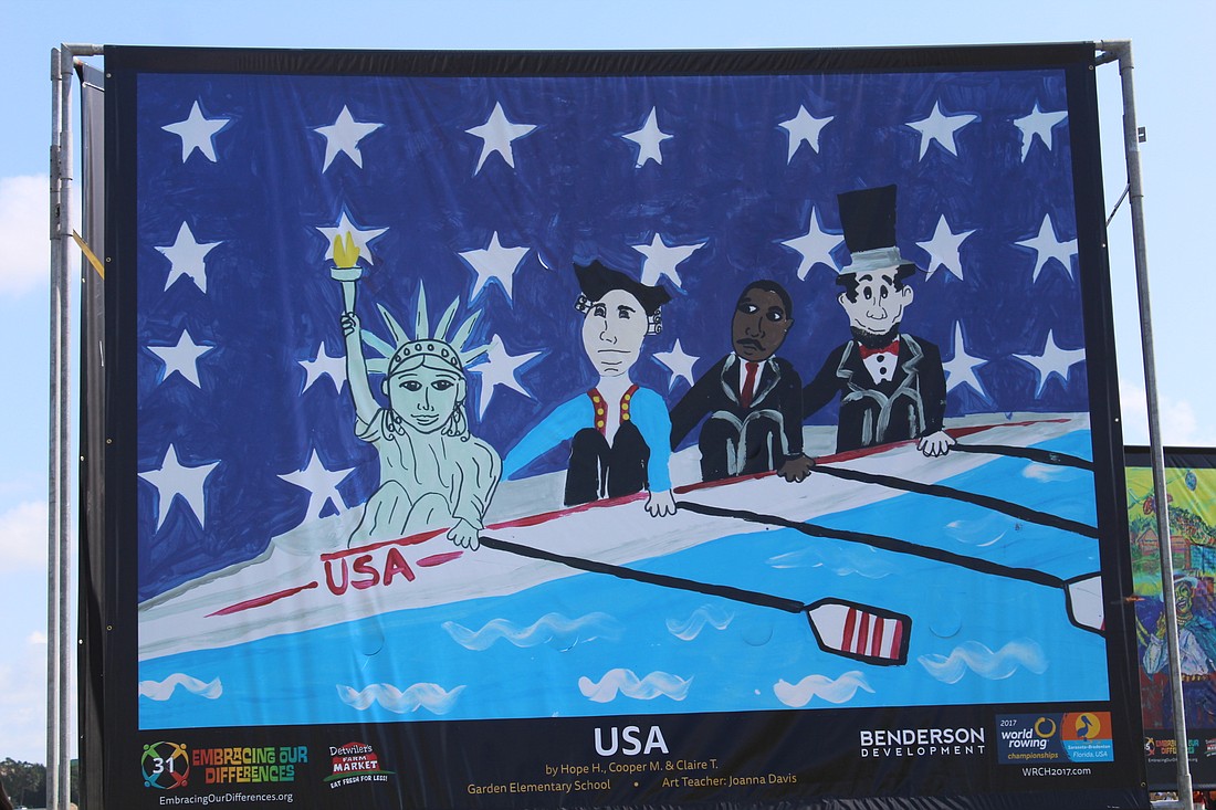 The U.S. portrait, created by fifth-graders at Garden Elementary School, is one of dozens of portraits on display for the 2017 World Rowing Championship.