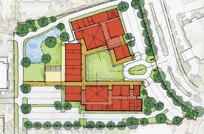 Preliminary designs feature a central courtyard and a traffic circle for the new center.