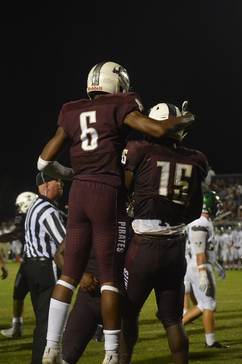 Junior wideouts Daveon Wortham and Knowledge McDaniel celebrate a Braden River touchdown.