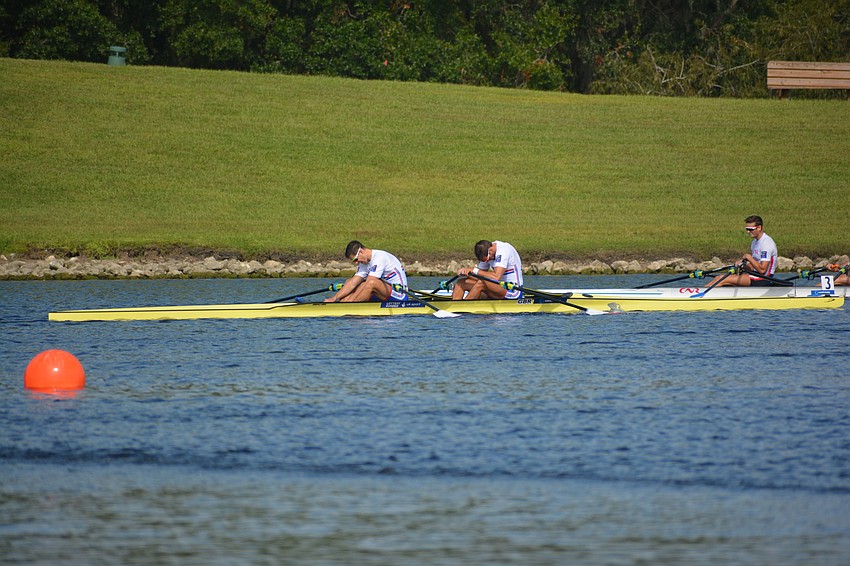 Great Britan's Angus Groom and Thomas Graeme try to catch their breath after qualifying for the Men's Double Sculls on Friday.