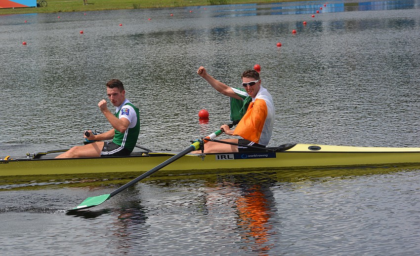 Ireland's Mark O'Donovan and Shane O'Driscoll celebrate after winning the gold in the Lightweight Men's Pair event on Friday.