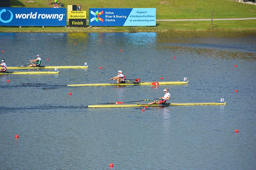Women's Single Sculls competitors battle in a semifinal on Friday.