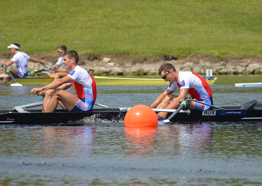 Russia's Nikita Bolozin and Aleksei Kiiashko are dejected after finishing out of the medals in Lightweight Men's Pair action on Friday.