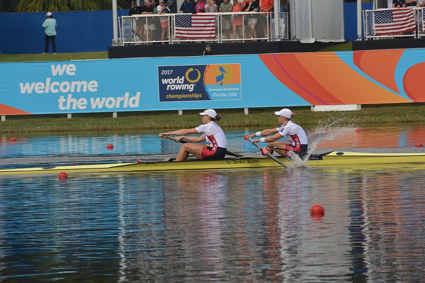 U.S. rowers Tracy Eisser and Megan Kalmoe race for second place in the Women's Pair.