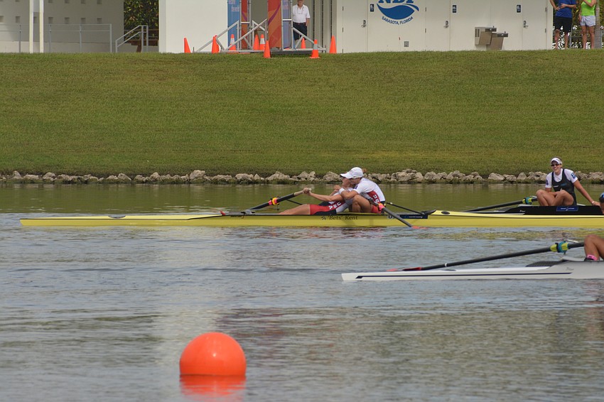U.S. rowers Tracy Eisser and Megan Kalmoe hug after taking silver in the Women's Pair.