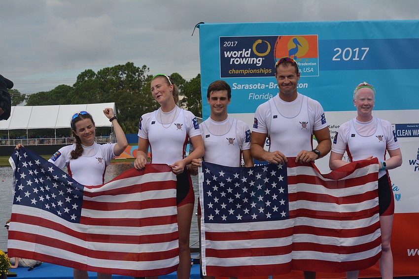 The U.S. Para-Rowing 3 Mixed Coxed Four team of Jennifer Sichel, Danielle Hansen, Zachary Burns, Michael Varro and Jaclyn Smith celebrates its silver-medal performance.