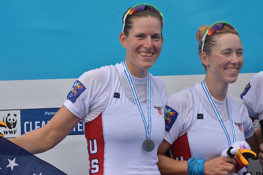 The U.S. Women's Pair of Tracy Eisser and Megan Kalmoe celebrate their silver medals.