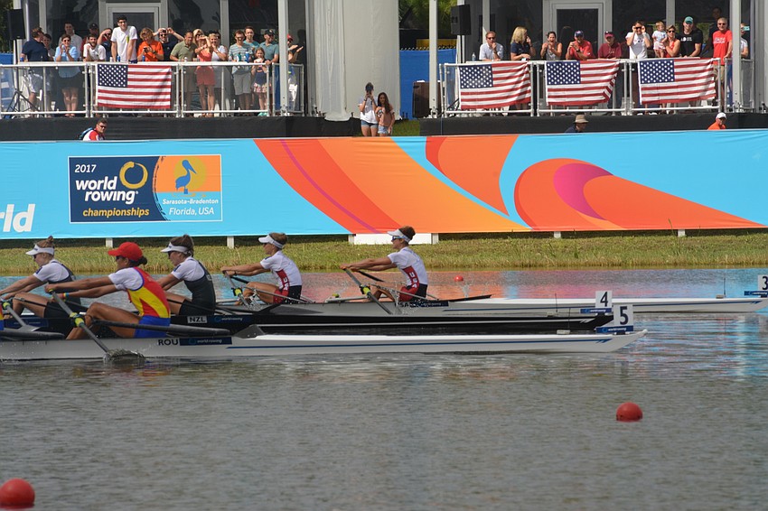 The U.S. Lightweight Women's Double Sculls tandem of Michelle Sechser and Emily Schmieg fight for third place.