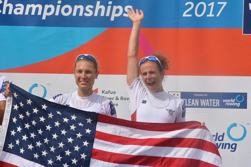 Emily Schmieg and Michelle Sechser claim their Lightweight Women's Double Sculls bronze medals.