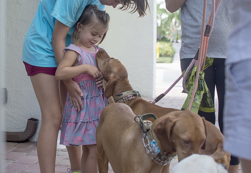 Mila Villaveces pets Tadler before the pet blessing at Church of the Redeemer on Oct. 1