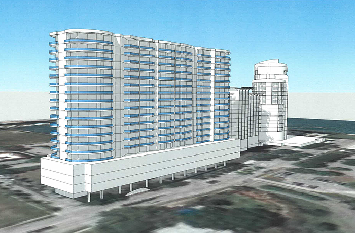 Bota Developer has produced this early conceptual drawing showing the potential mass of a condominium building neighboring the Hyatt Regency.